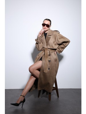 Antioch Bej Kruvaze Süet Görünümlü Premium Kadın Trençkot