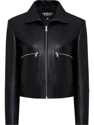 Derimod Dolores Kadın Siyah Devrik Yaka Kısa Deri Ceket 25WGE56111M