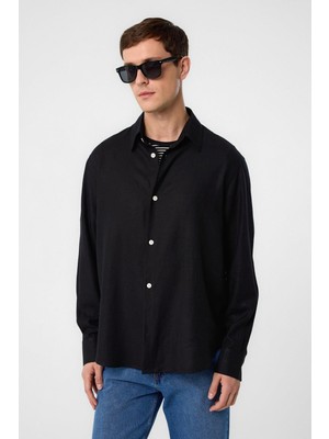 Antioch Siyah Relax Fit Keten Karışımlı Erkek Gömlek