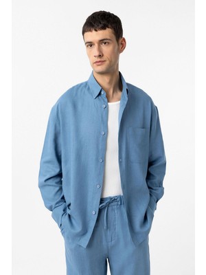 Antioch Bebe Mavi Keten Karışımlı Relax Fit Erkek Gömlek