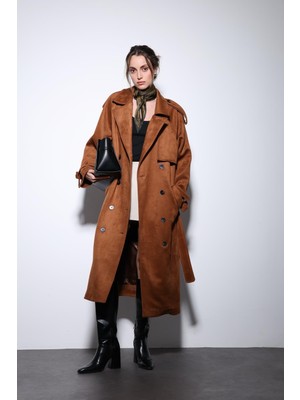 Antioch Taba Kruvaze Süet Görünümlü Premium Kadın Trençkot