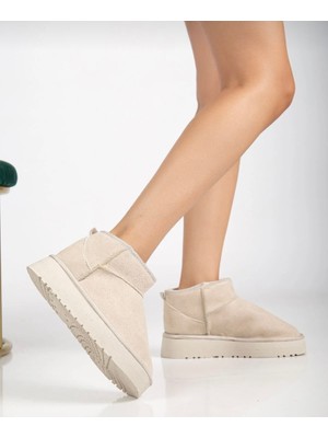 Yazın Ayakkabıları Bej Içi Tüylü Kalın Tabanlı Bot