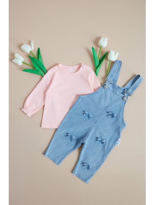 FullaModa %100 Pamuk Kurdele Detaylı Kot Kız Bebek Salopet Takımı