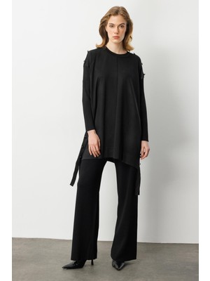 Accort Düğme Detaylı Triko Tunik-SİYAH