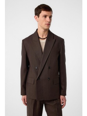 Antioch Kahve Relax Fit Keten Karışımlı Erkek Blazer Ceket