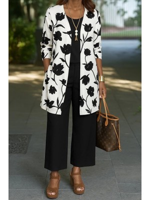 Kadın Uzun Kollu Önü Açık Modal Ceket Kolsuz Viskon Iki Iplik Bluz ve Pantolon Üçlü Takım