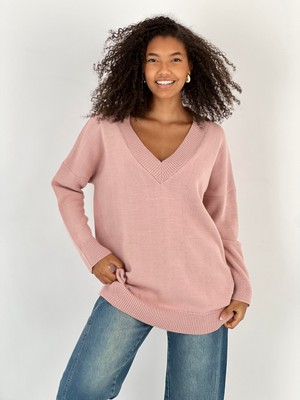 Miss Poem Kadın Oversize Pudra V Yaka Triko Kazak