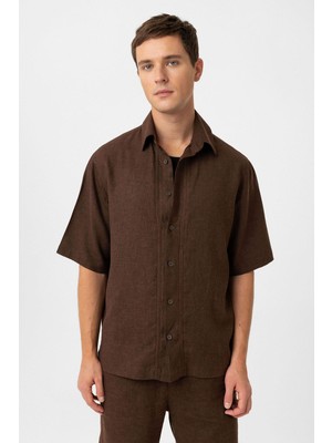 Antioch Kahve Keten Karışımlı Relaxed Erkek Gömlek