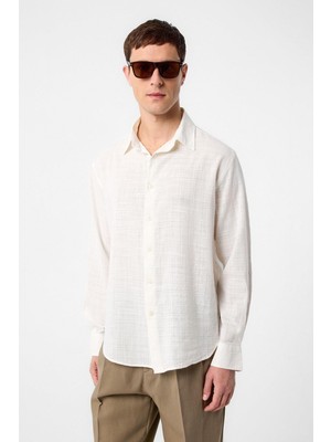 Antioch Ekru Relax Fit Dokulu Erkek Gömlek
