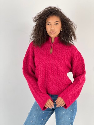 Miss Poem Kadın Örgü Desenli Fuşya Triko Kazak