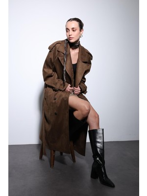 Antioch Kahve Kruvaze Süet Görünümlü Premium Kadın Trençkot