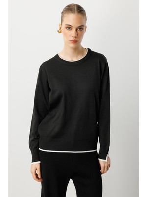 Accort Biye Detaylı Basic Triko Kazak-Siyah