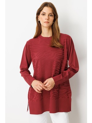 Accort Kendinden Desenli Triko Tunik-Bordo
