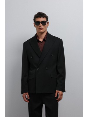 Antioch Siyah Relax Fit Kruvaze Erkek Blazer Ceket