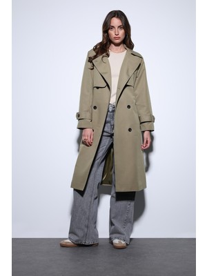 Antioch Haki Kruvaze Kemerli Kadın Trençkot