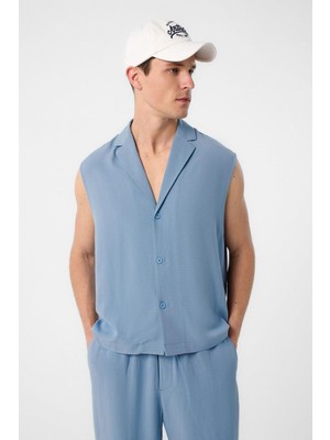 Antioch Mavi Keten Karışımlı Kolsuz Erkek Gömlek