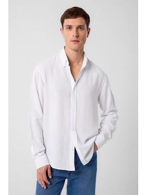Antioch Beyaz Relax Fit Keten Karışımlı Erkek Gömlek