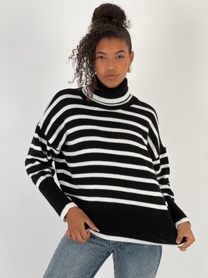 Miss Poem Kadın Ekru Çizgili Balıkçı Yaka Kazak