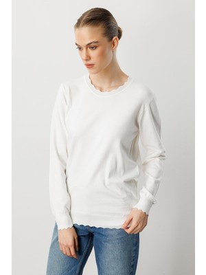 Accort Yuvarlak Yaka Angora Triko Kazak-Ekru