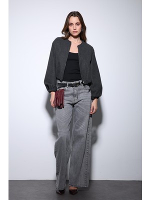 Antioch Antrasit Bel Lastikli Crop Kadın Mont