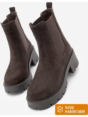 Marjin Kadın Hakiki Deri Çift Lastikli Acı Kahve Kalın Topuklu Günlük Bot Viper Kahve Süet