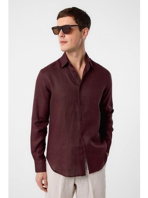 Antioch Bordo 100% Keten Comfort Fit Erkek Gömlek