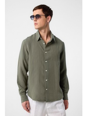 Antioch Haki Çizgili ve Dokulu Erkek Gömlek