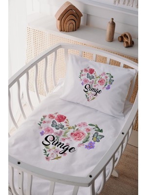 Lilabio %100 Pamuk Saten Isme Özel Isimli Anne Yanı Beşik Nevresim Takımı Çiçek