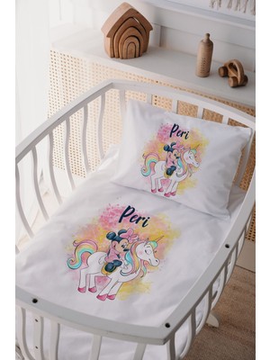Lilabio %100 Pamuk Saten Isme Özel Isimli Anne Yanı Beşik Nevresim Takımı Unicorn & Minnie