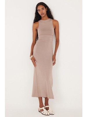 Tudors Kadın Modal Kumaş Slim Fit Dar Kesim Sıfır Kol Bisiklet Yaka Vizon Elbise