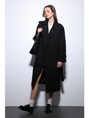 Antioch Siyah Kruvaze Kemerli Kadın Trençkot