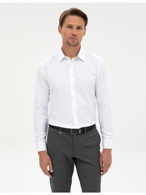 Pierre Cardin Erkek Beyaz Slim Fit Çizgi Dokulu Uzun Kollu Gömlek 50312340-VR013