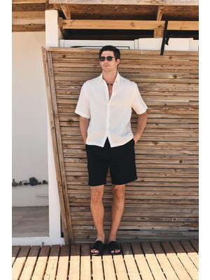 Antioch Beyaz 100% Keten Relaxed Erkek Gömlek