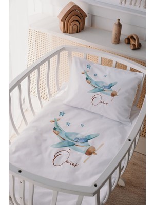 Lilabio %100 Pamuk Saten Isme Özel Isimli Anne Yanı Beşik Nevresim Takımı Uçak