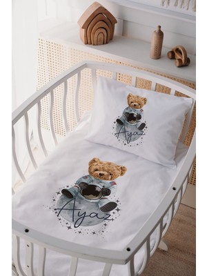 Lilabio %100 Pamuk Saten Isme Özel Anne Yanı Beşik Nevresim Takımı Astronot Ayı