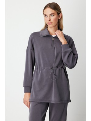On Kadın Yakası Fermuarlı Sweat 66312 Antrasit