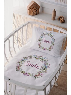 Lilabio %100 Pamuk Saten Isme Özel Isimli Anne Yanı Beşik Nevresim Takımı Çiçek