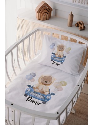 Lilabio %100 Pamuk Saten Isme Özel Isimli Anne Yanı Beşik Nevresim Takımı Ayıcık & Araba