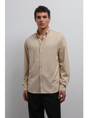 Antioch Bej Düğmeli Yaka Relax Fit Erkek Gömlek