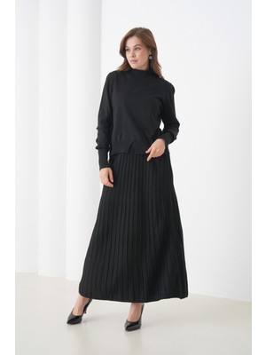 Mamayaga Kadın Pileli Etek Kazağı V Tasarım Tesettüre Uygun Örgü Triko Etek Kazak Takım