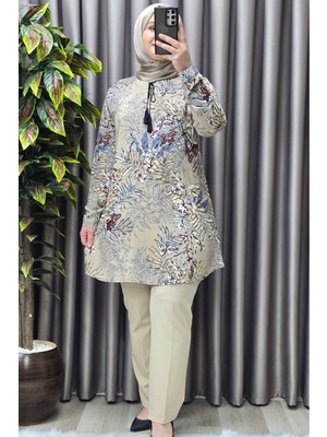 Elmas Tesettür Kadın Tesettür Giyim Büyük Beden Palmiye Desen Tunik