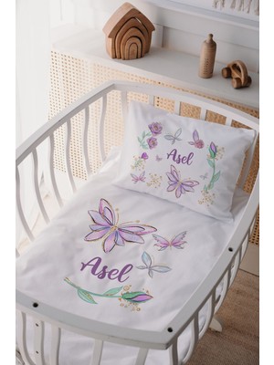 Lilabio Pamuk Kelebek Desenli Isme Özel Anne Yanı Beşik Nevresim Takımı 60x100 cm
