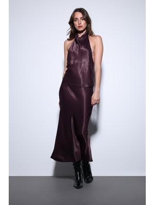 Antioch Bordo Saten Halter Kadın Top