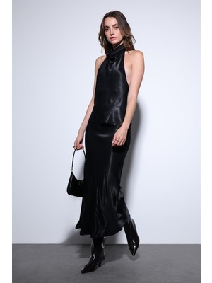 Antioch Siyah Saten Halter Kadın Top