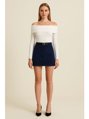 Gigi Giyim Kemer Detaylı Kadın Süet Etek Lacivert