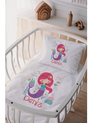 Lilabio %100 Pamuk Saten Isme Özel Isimli Anne Yanı Beşik Nevresim Takımı Denizkızı