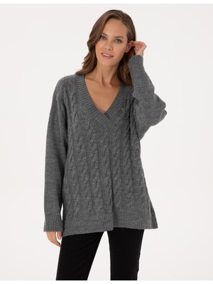 Pierre Cardin Kadın Gri Melanj Örgü Desen Comfort Fit V Yaka Kazak 50311596-VR086