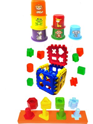 Toysnet 3’lü Eğitici Oyuncak Seti – Puzzle Küp Bultak, Vida, Somun Blokları ve Hayvan Figürlü Bardak Kule