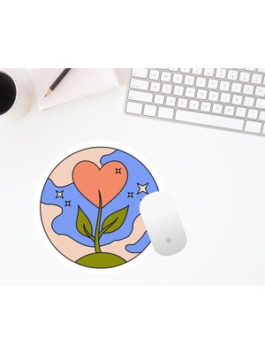 Hediye Labs Kalpli Çiçek Baskılı Yuvarlak Mouse Pad