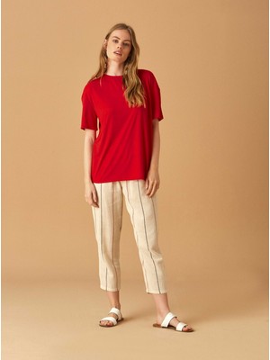 ROMAN Çizgili Kadın Pantolon Krem Y1861102_047